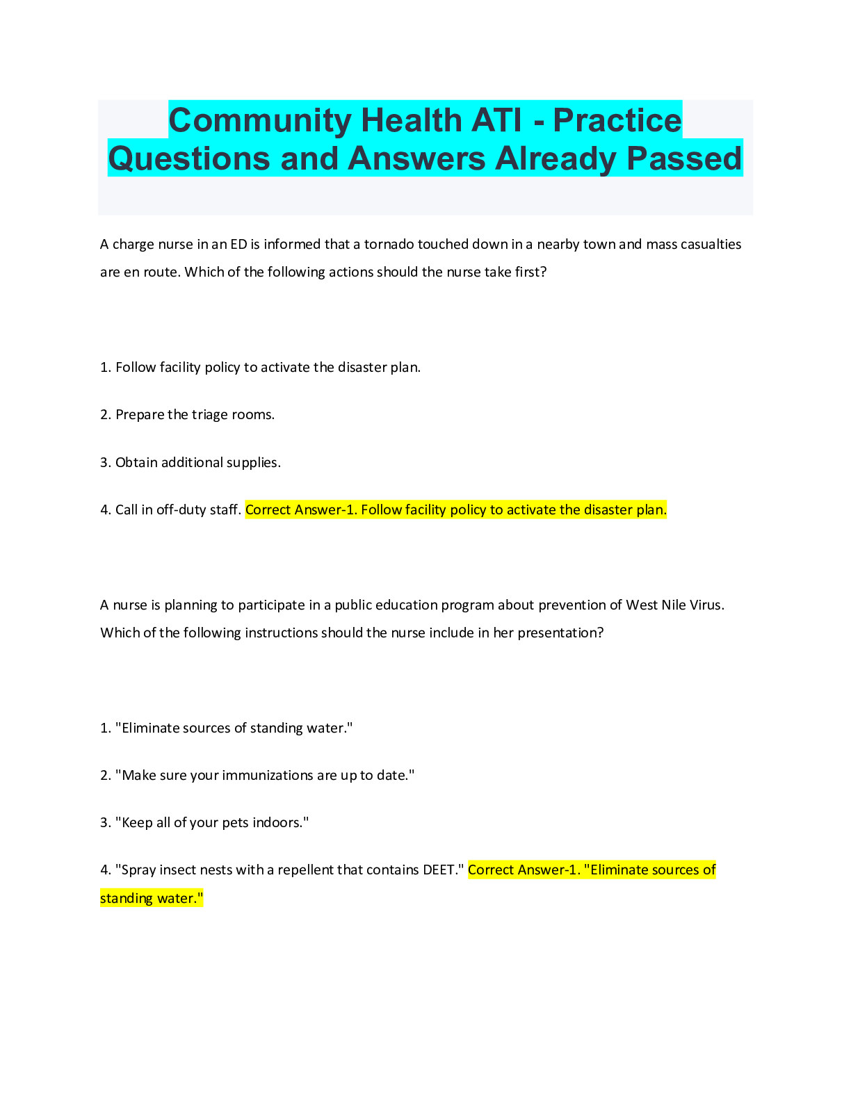 Recommended document preview for Community Health ATI - Practice Questions and Answers Already Passed